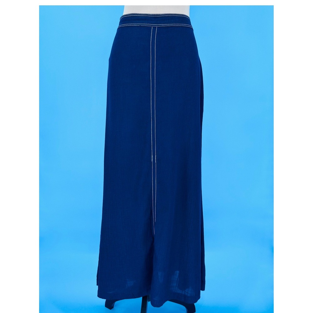 CeCe Navy Blue Linen Blend Contrast Stitch Maxi Skirt Womens M Nautical Coastal